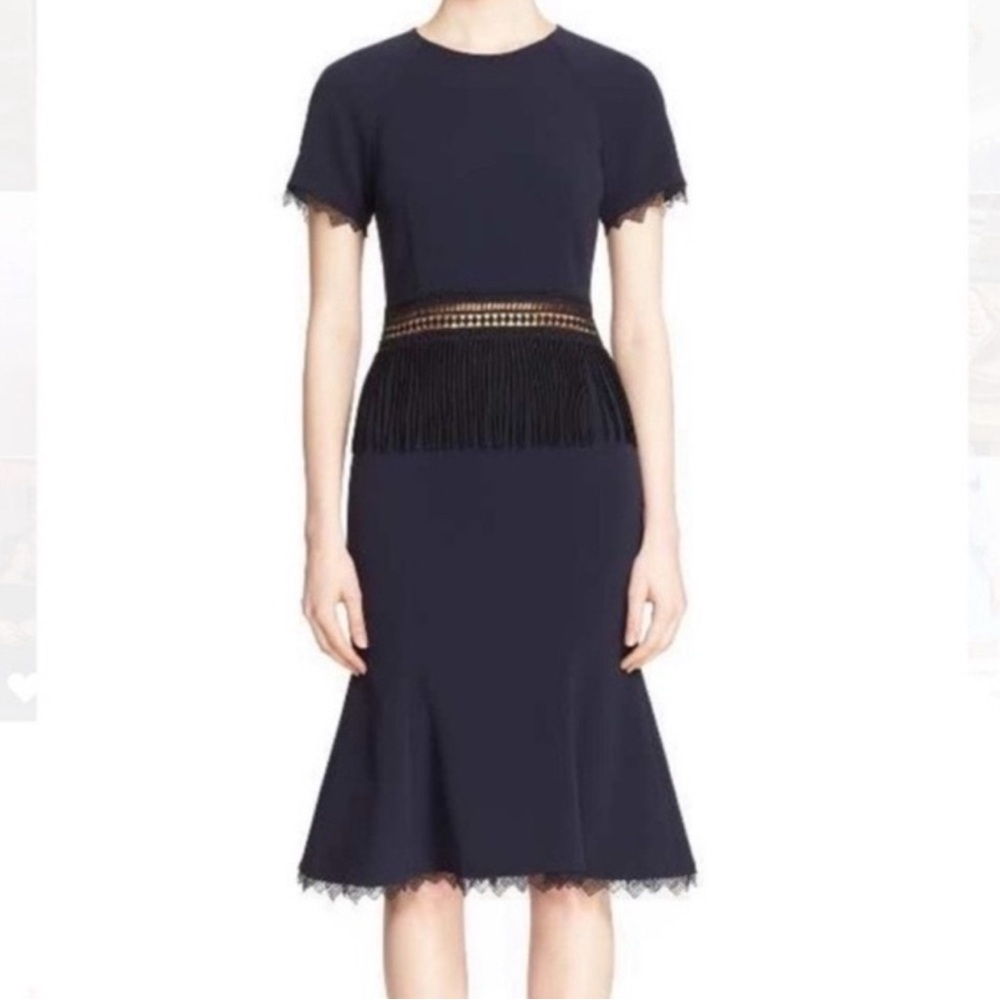 NEW Jonathan Simkhai Size 10 Navy Blue Cut Out Midi Dress Lace Fringe Straight